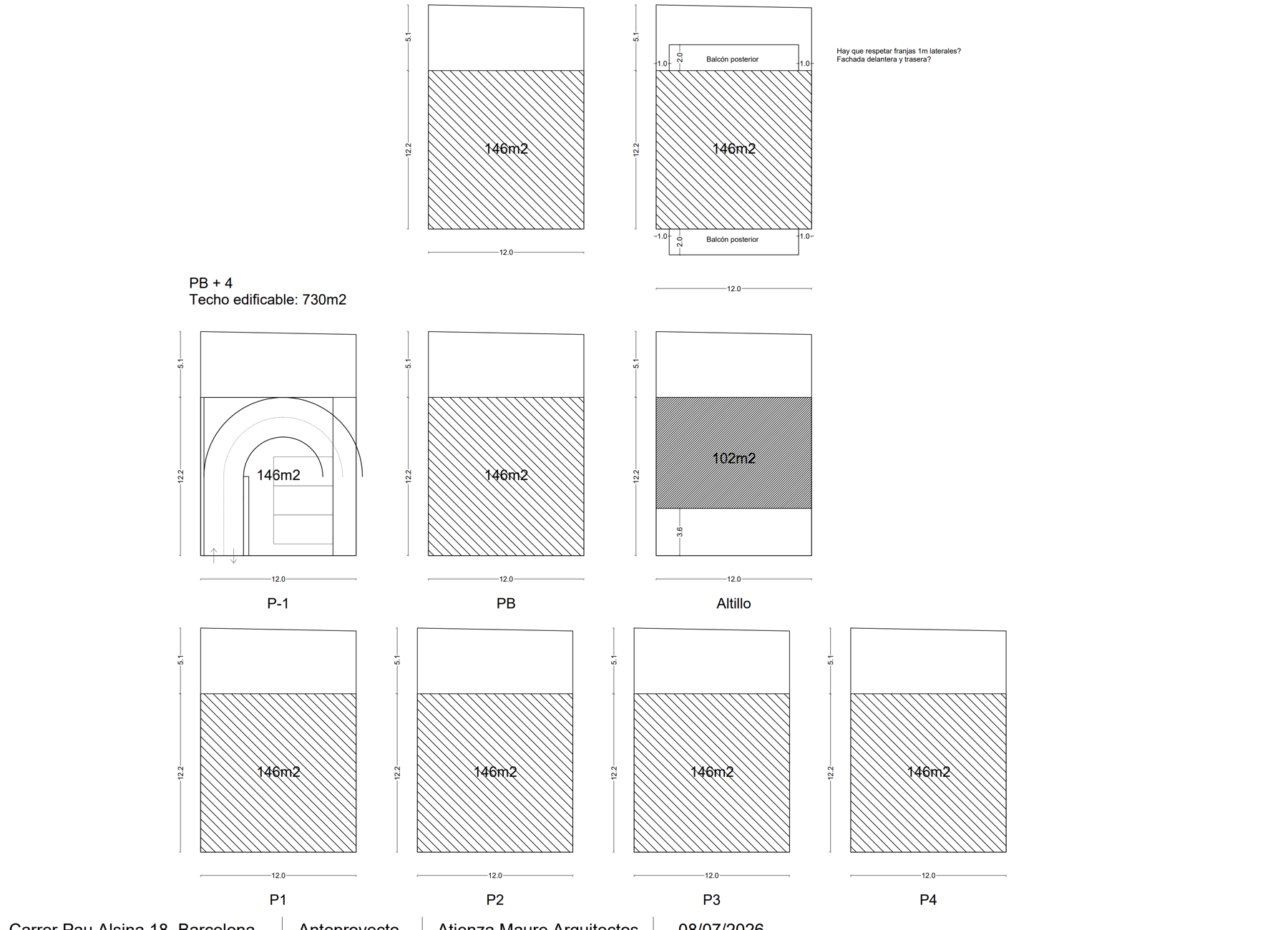 New build plans · PB+4 · 730 m² buildable · 146 m²/floor